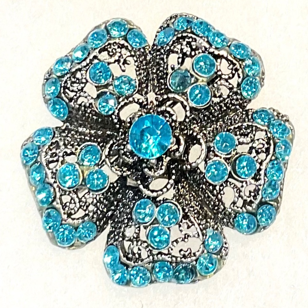 Vintage Silver Turquoise Crystal Rhinestone Flower-like Brooch